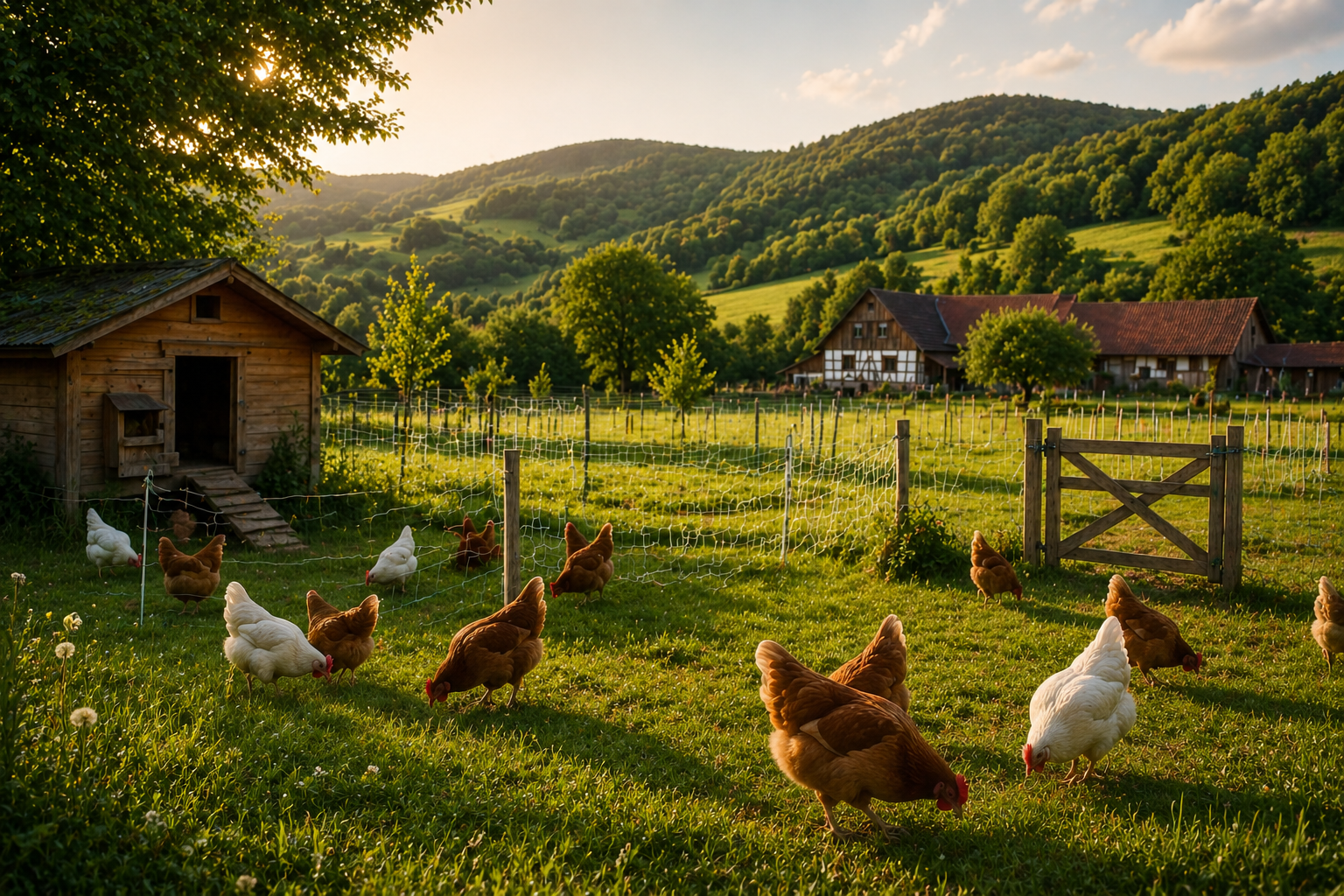 Hühner im Auslauf auf dem Hof im Odenwald